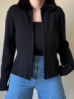 Vintage Kathie Lee Zip-Up Ribbed Knit Cardigan with Faux Fur Collar in Black